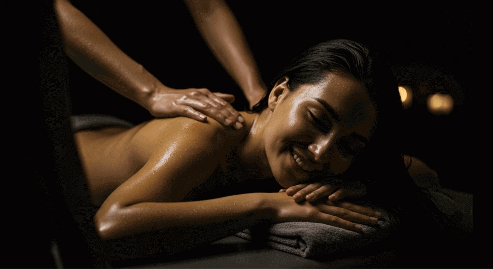 Mulher relaxando e fazendo uma massagem profissional. Simbolizando o autocuidado para quem busca trabalhar como acompanhante.