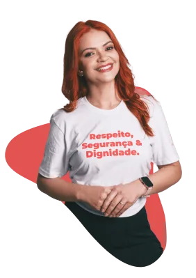 Foto de capa da seção inicial do site Fatal Model, mostrando uma acompanhante ruiva sorridente vestindo camiseta branca com a mensagem Respeito, Segurança & Dignidade, promovendo valores de inclusão e respeito.